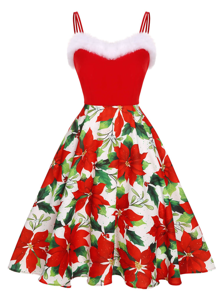 Rotes 1950er Weihnachtsblumenkleid mit Zottelmuster