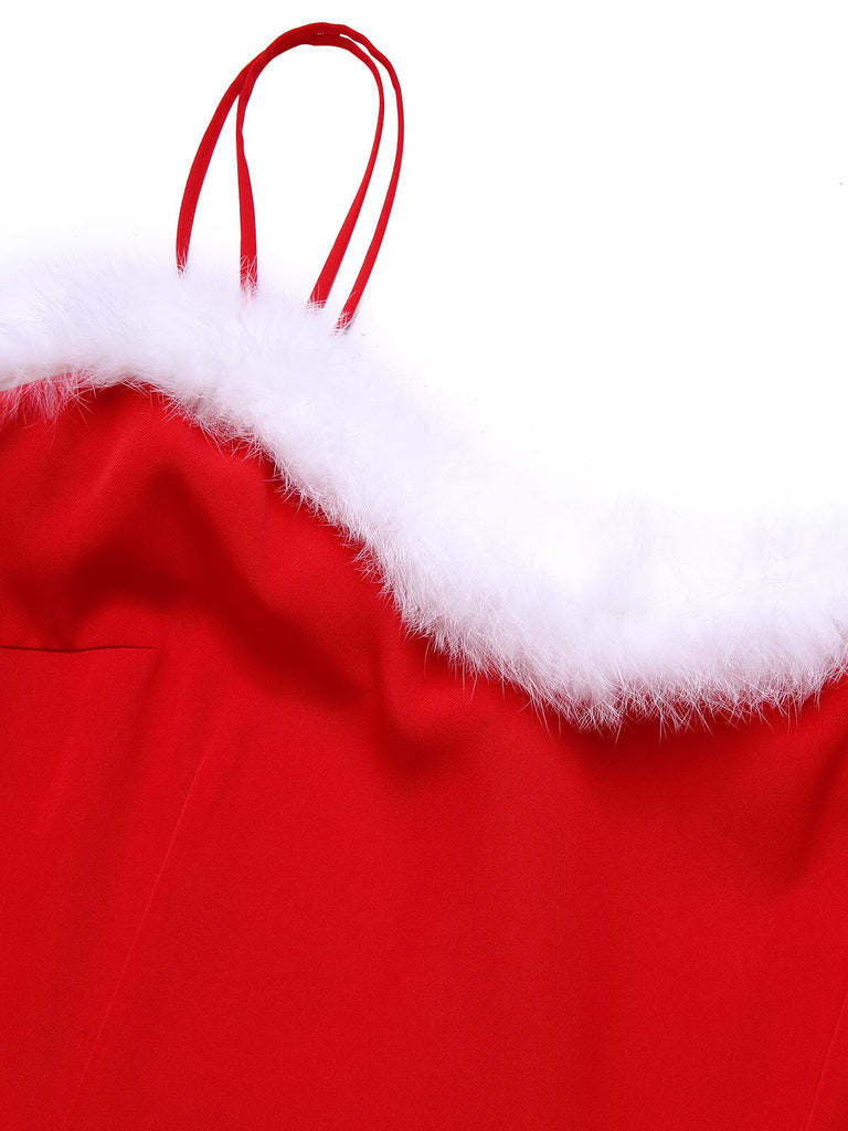 Rotes 1950er Weihnachtsblumenkleid mit Zottelmuster