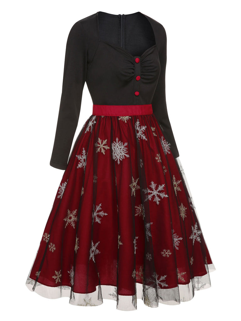 Schwarz & Rot 1950er Weihnachten Schneeflocke Mesh Kleid