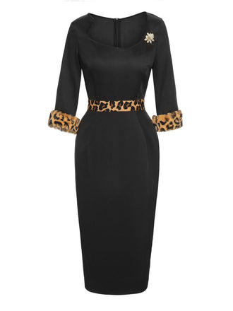 Schwarz 1960er Rohsaum Leopard Asymmetrisches Wickelkleid