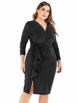 [Übergröße] 1960er Glitter V-Ausschnitt Seite Schlitz Kleid