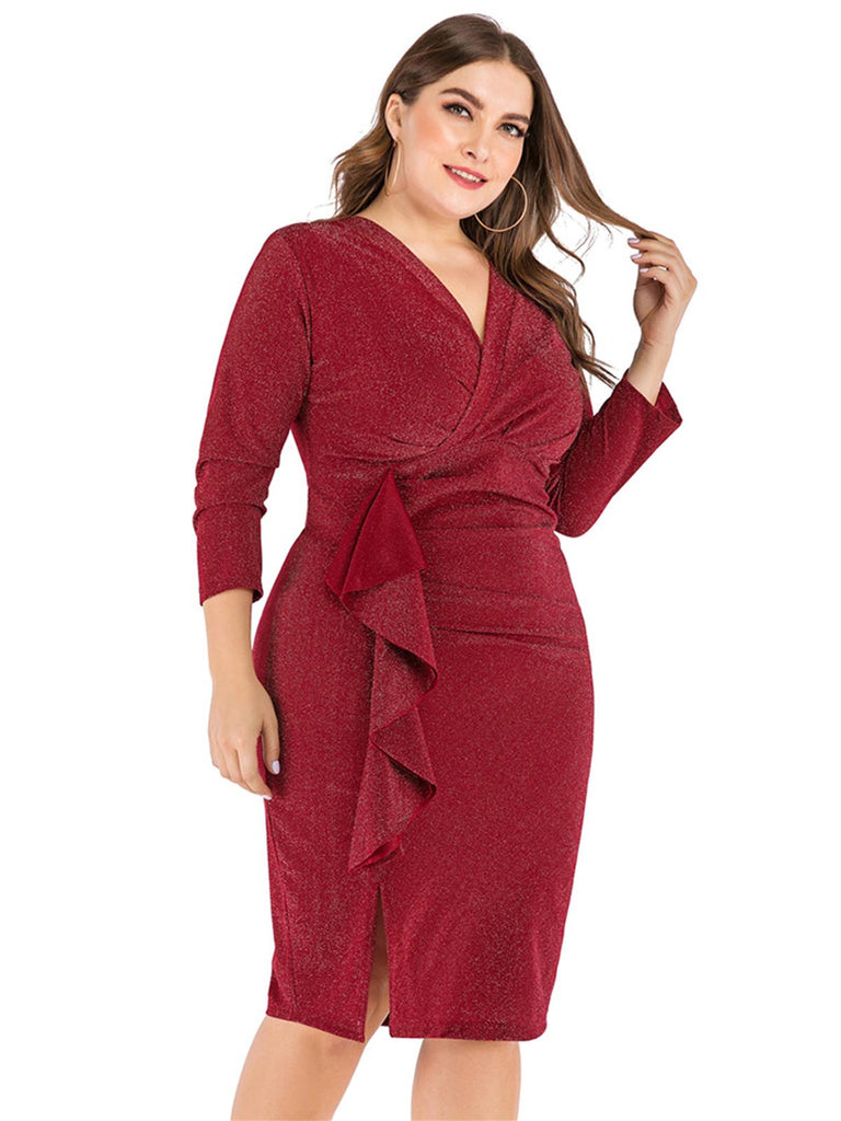 [Übergröße] 1960er Glitter V-Ausschnitt Seite Schlitz Kleid