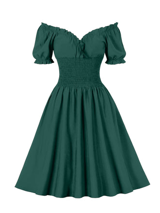 1950er Solid Smocked Taille Off-Shoulder Kleid