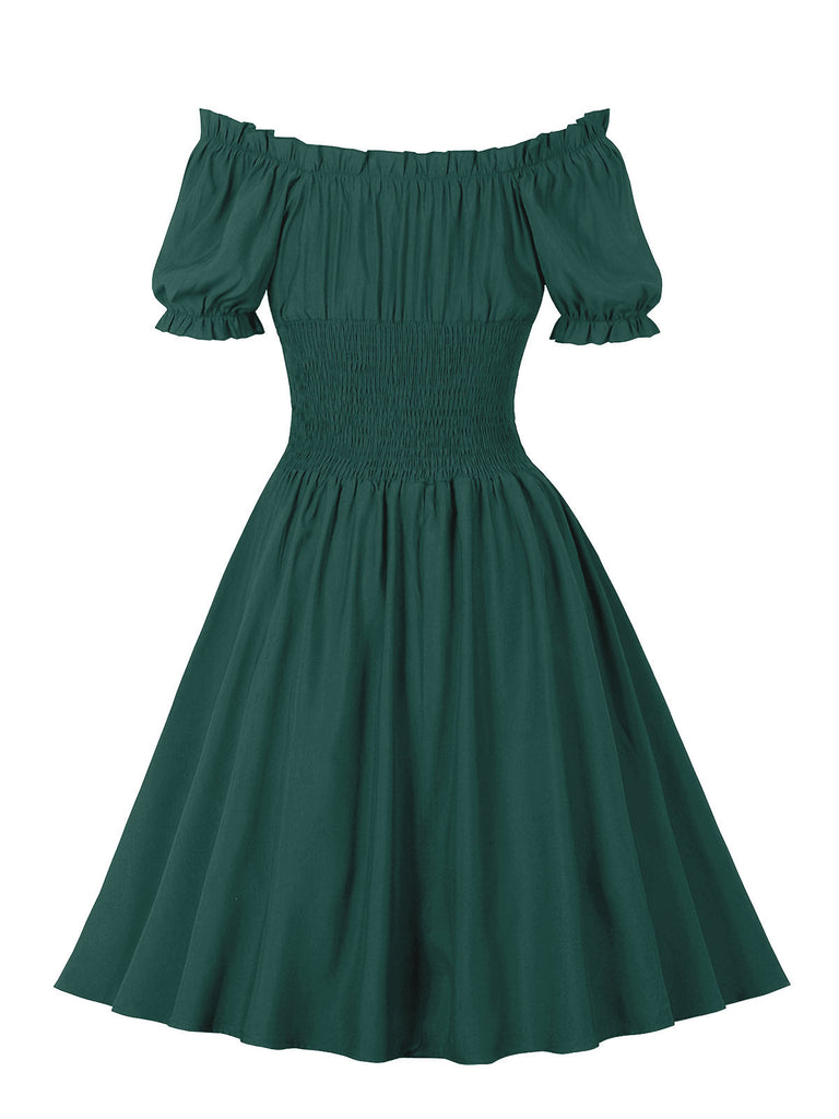 1950er Solid Smocked Taille Off-Shoulder Kleid