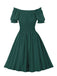 1950er Solid Smocked Taille Off-Shoulder Kleid