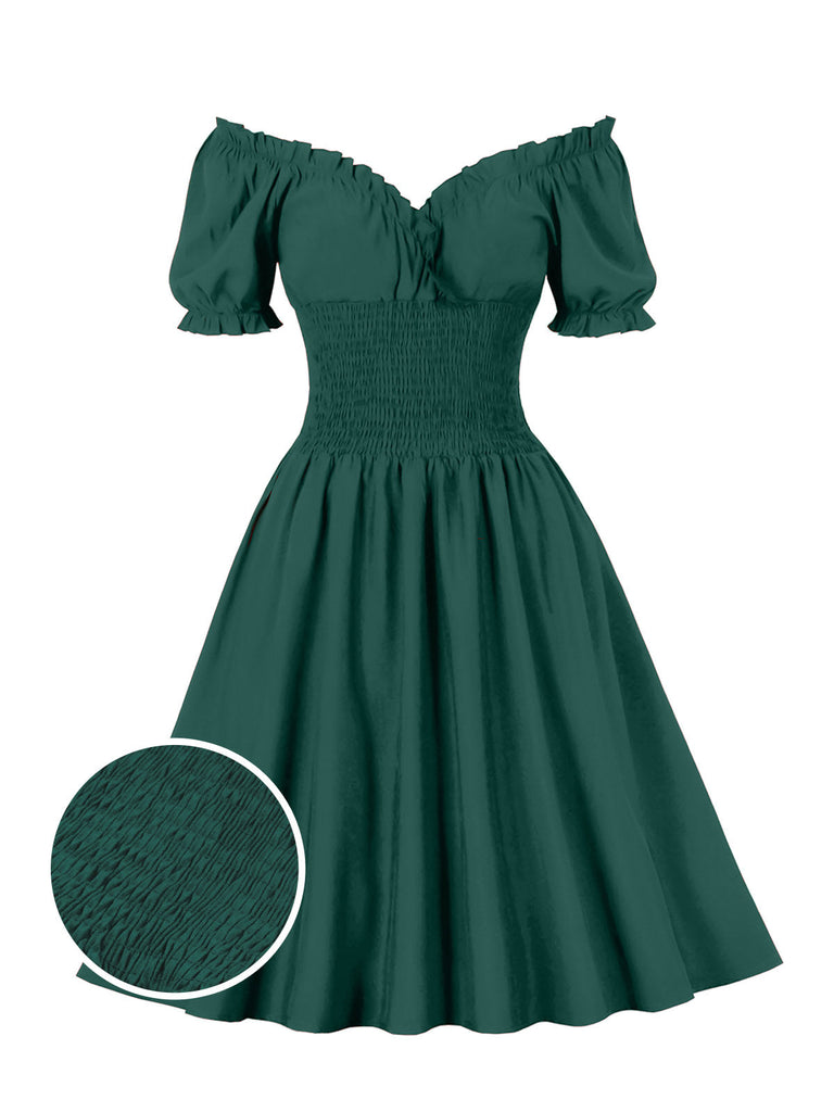 1950er Solid Smocked Taille Off-Shoulder Kleid