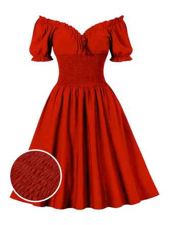 1950er Solid Smocked Taille Off-Shoulder Kleid