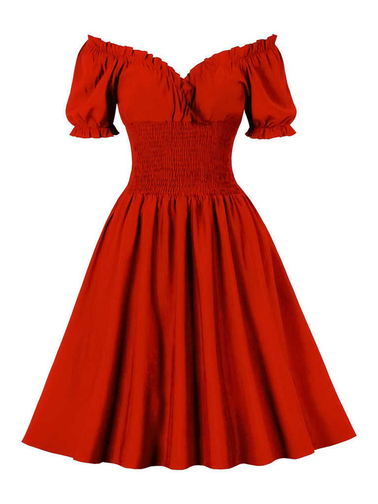 1950er Solid Smocked Taille Off-Shoulder Kleid