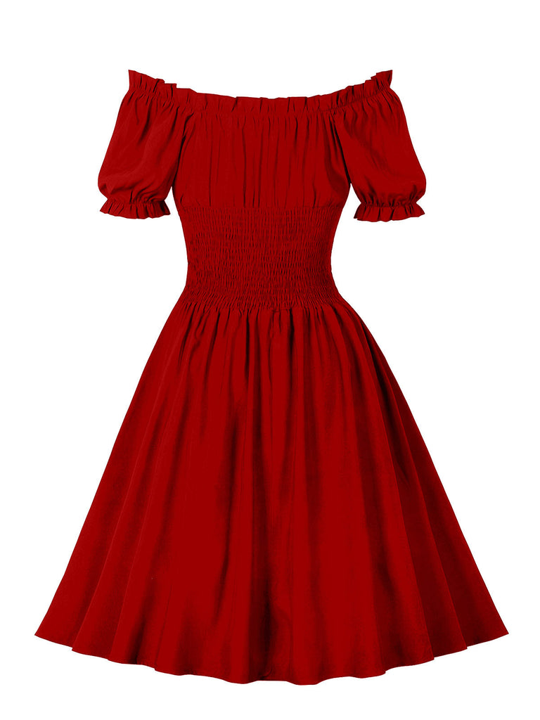 1950er Solid Smocked Taille Off-Shoulder Kleid