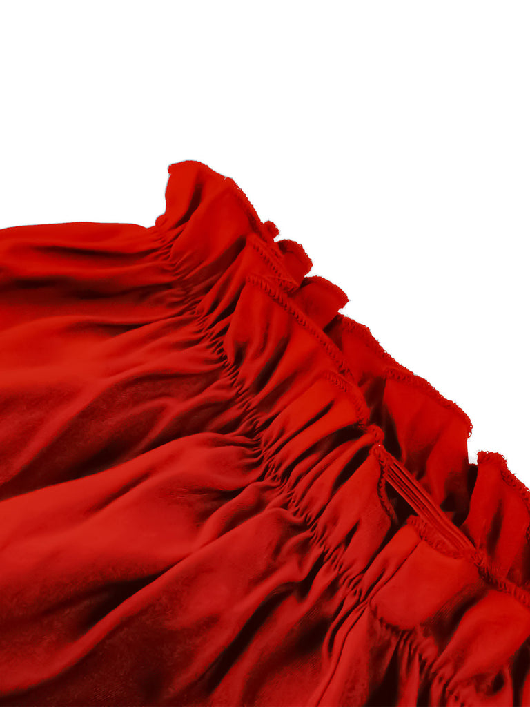 1950er Solid Smocked Taille Off-Shoulder Kleid