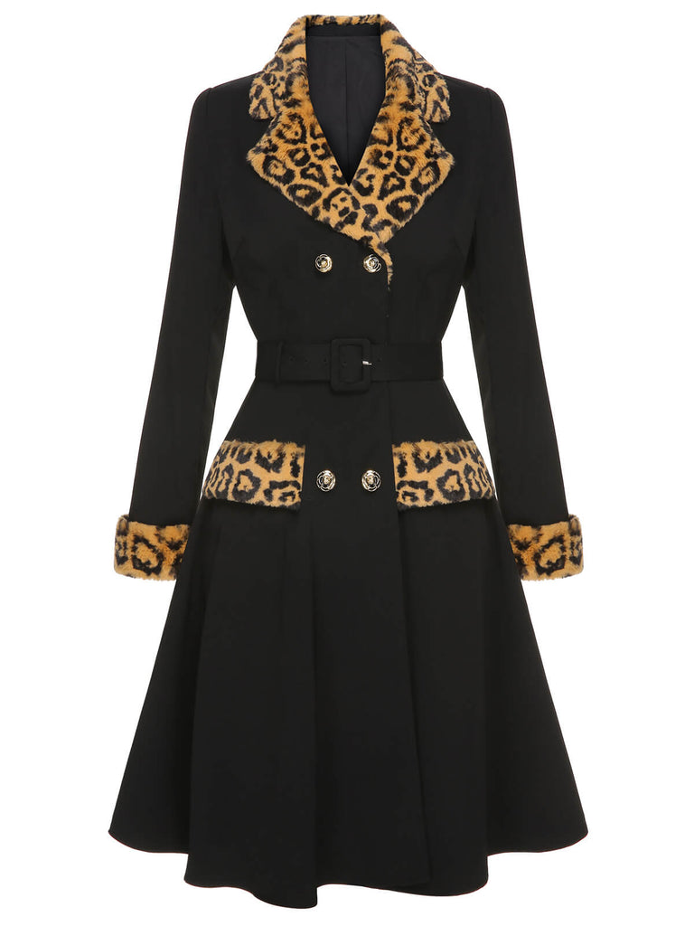 Schwarz 1950er Leopard Revers Tasche Mantel