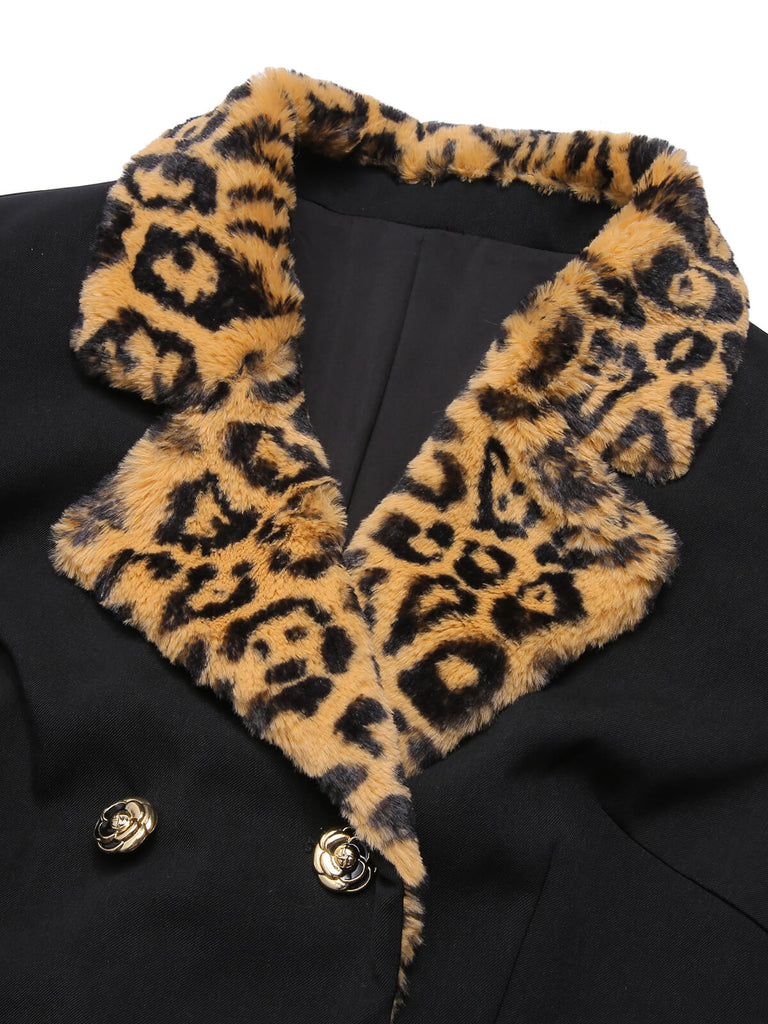Schwarz 1950er Leopard Revers Tasche Mantel