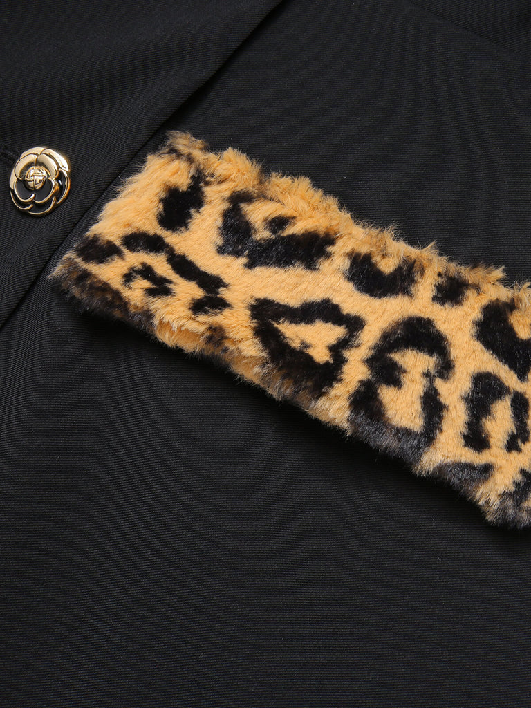 Schwarz 1950er Leopard Revers Tasche Mantel