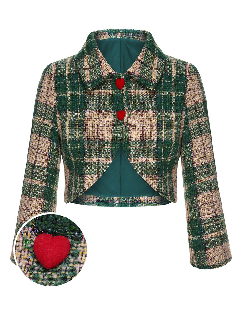 Grün 1950er Revers Schottisches Plaid Kurze Jacke