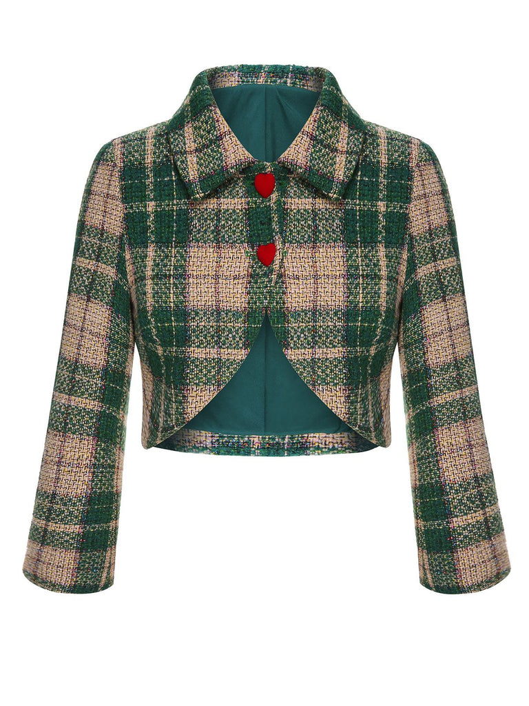 Grün 1950er Revers Schottisches Plaid Kurze Jacke