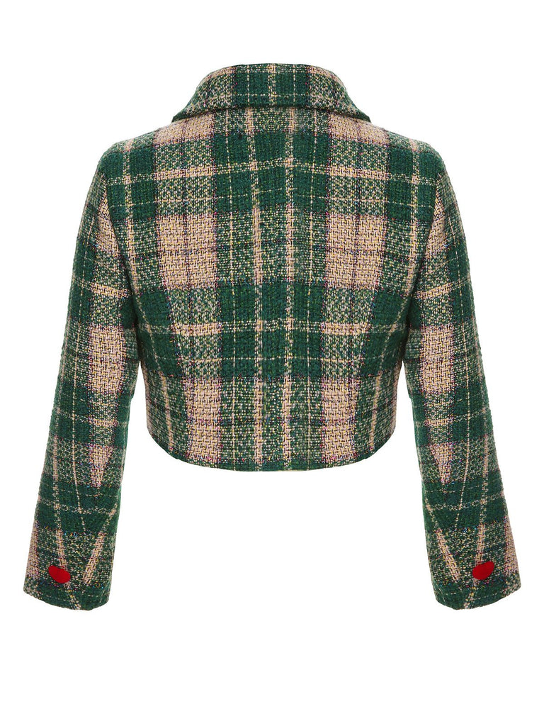Grün 1950er Revers Schottisches Plaid Kurze Jacke