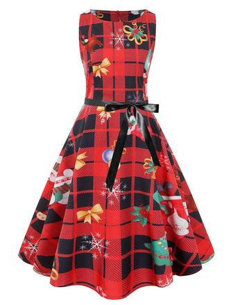 1950er Weihnachten kariertes ärmelloses Kleid mit Schleife
