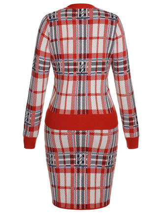 2PCS Rot 1960er Weihnachten Plaids gestrickt Cardigan & Rock