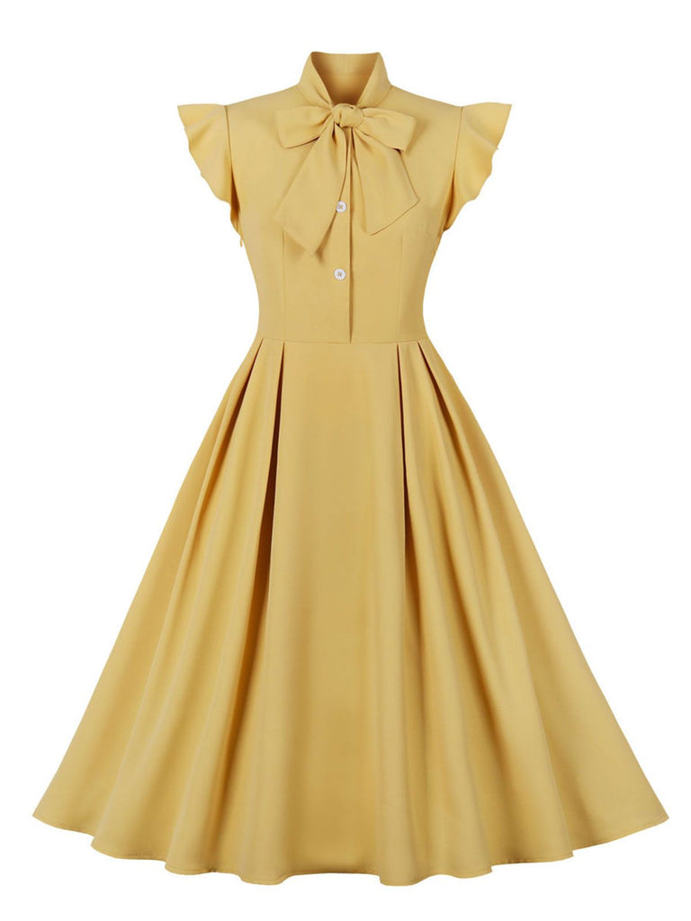 1950er Jahre Solides Kleid mit Schleifenausschnitt und Rüschenärmeln