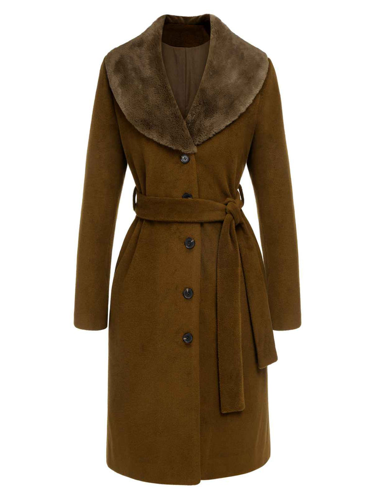 Braun 1940er Pelzkragen Gürtel Mantel