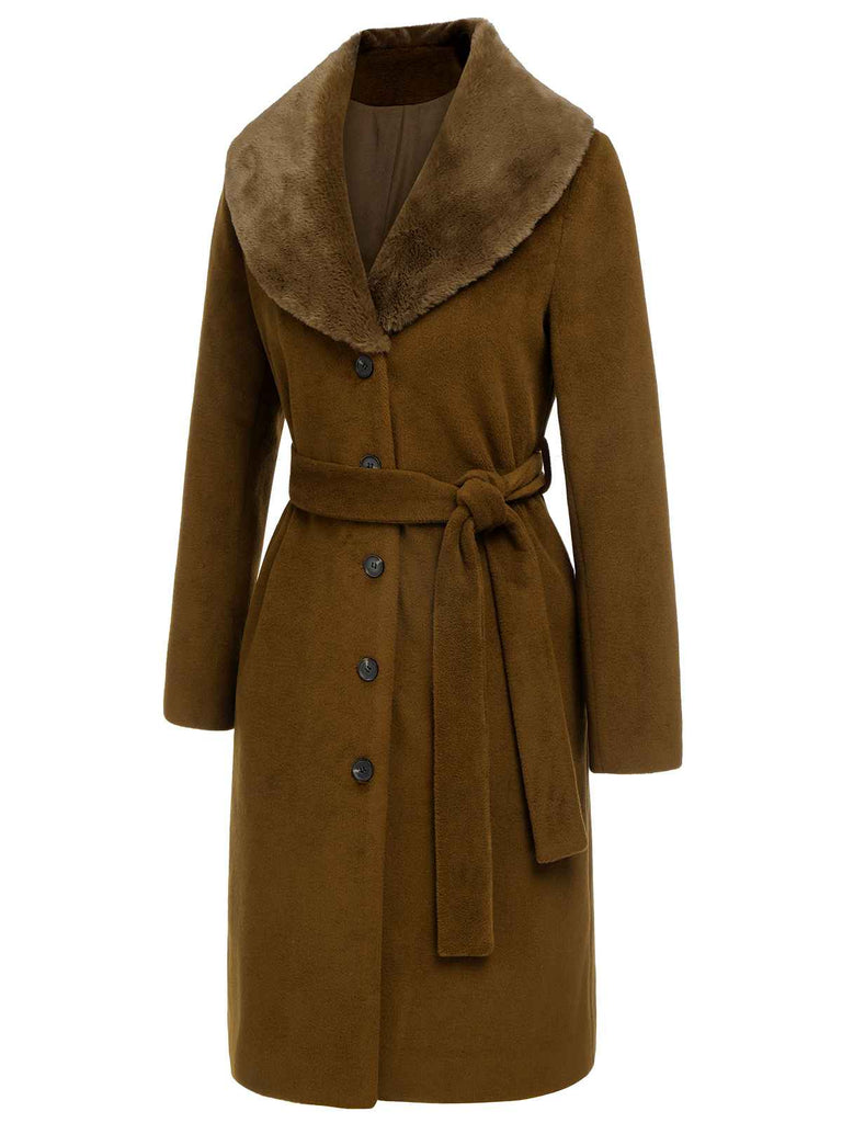 Braun 1940er Pelzkragen Gürtel Mantel