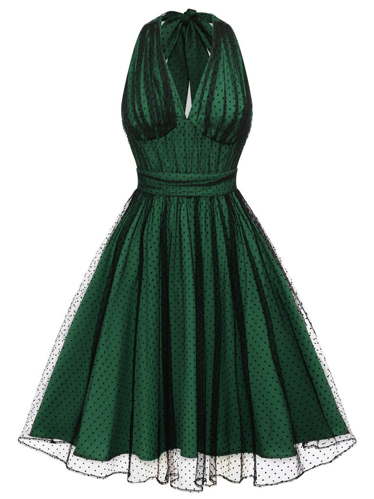 [Vorverkauf] Grün 1950er Halter Tupfen Netz Swing Kleid