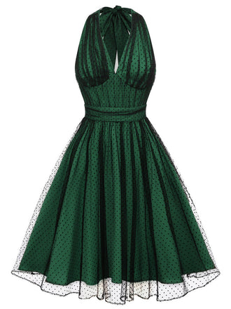[Vorverkauf] Grün 1950er Halter Tupfen Netz Swing Kleid