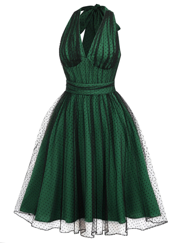 [Vorverkauf] Grün 1950er Halter Tupfen Netz Swing Kleid