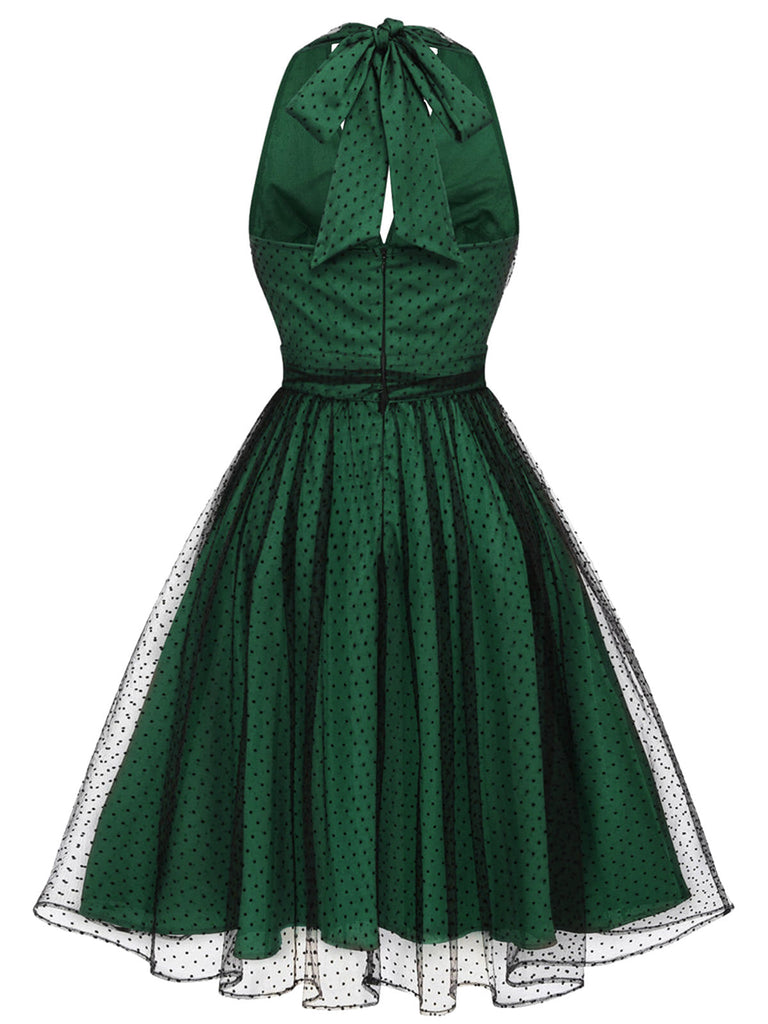 [Vorverkauf] Grün 1950er Halter Tupfen Netz Swing Kleid