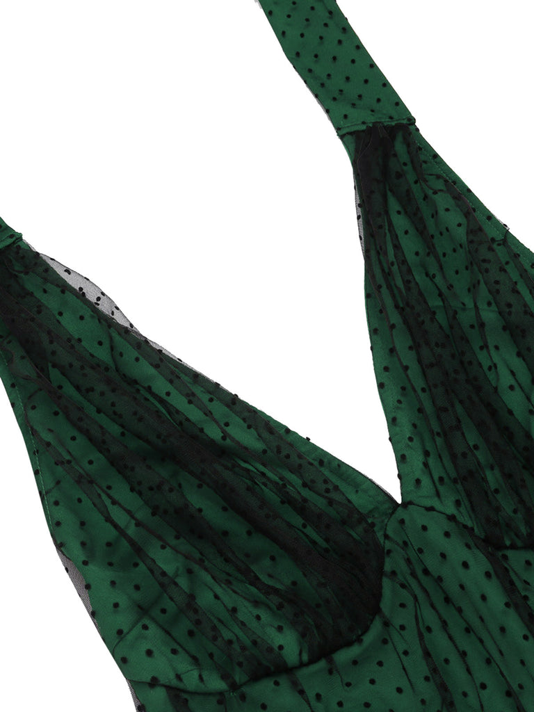 [Vorverkauf] Grün 1950er Halter Tupfen Netz Swing Kleid