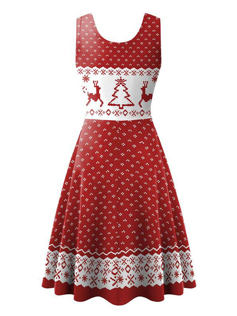 1950er Jahre Weihnachten Print gestricktes ärmelloses Kleid