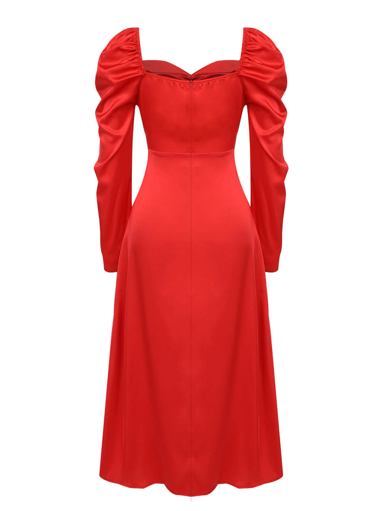 Rot 1940er Solides Sweetheart Kragen Plissiertes Kleid