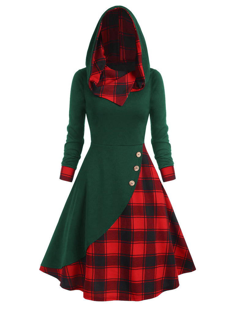 Schwarz & Orange 1950er Weihnachten Plaids Kapuzenkleid