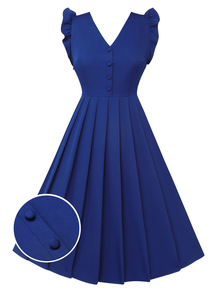 Blau 1950er Plissiertes Rüschen Trägerkleid