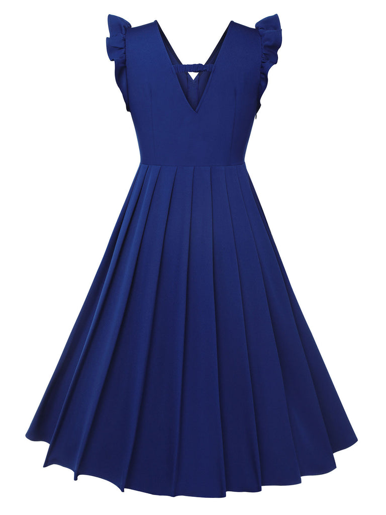 Blau 1950er Plissiertes Rüschen Trägerkleid