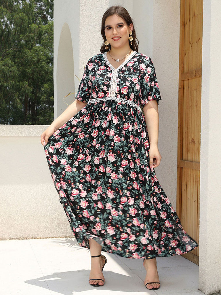 [Übergröße] 1930er Langes Spitzen Rosen Patchwork Urlaubs Kleid