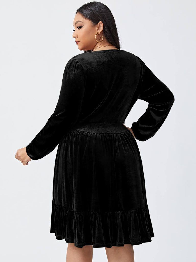 [Übergröße] 1950er V-Ausschnitt Samt Eingezogener Taille Kleid