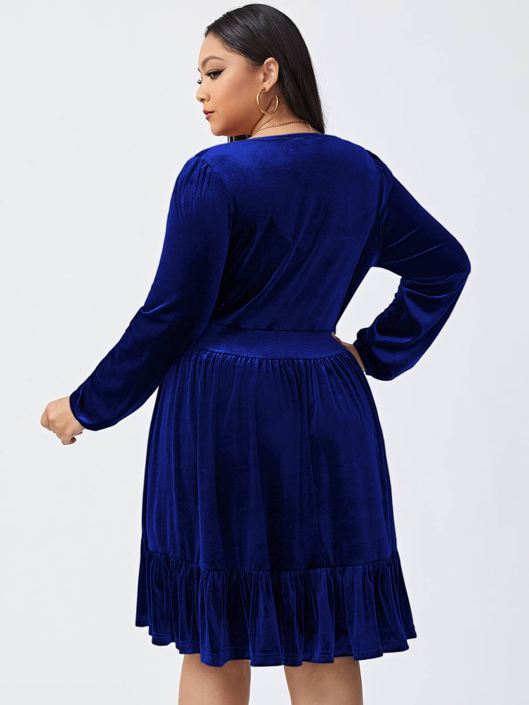 [Übergröße] 1950er V-Ausschnitt Samt Eingezogener Taille Kleid