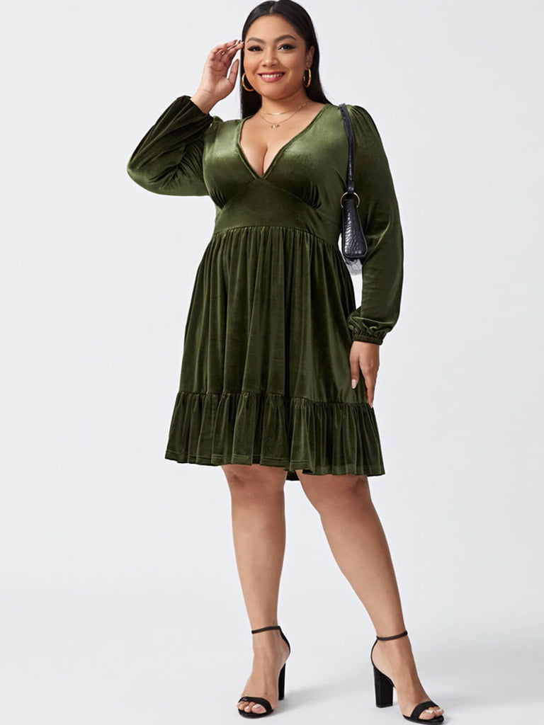 [Übergröße] 1950er V-Ausschnitt Samt Eingezogener Taille Kleid