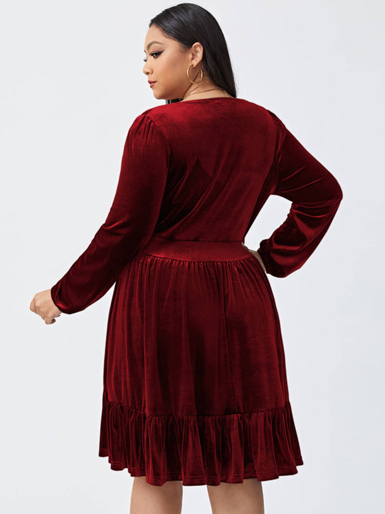 [Übergröße] 1950er V-Ausschnitt Samt Eingezogener Taille Kleid