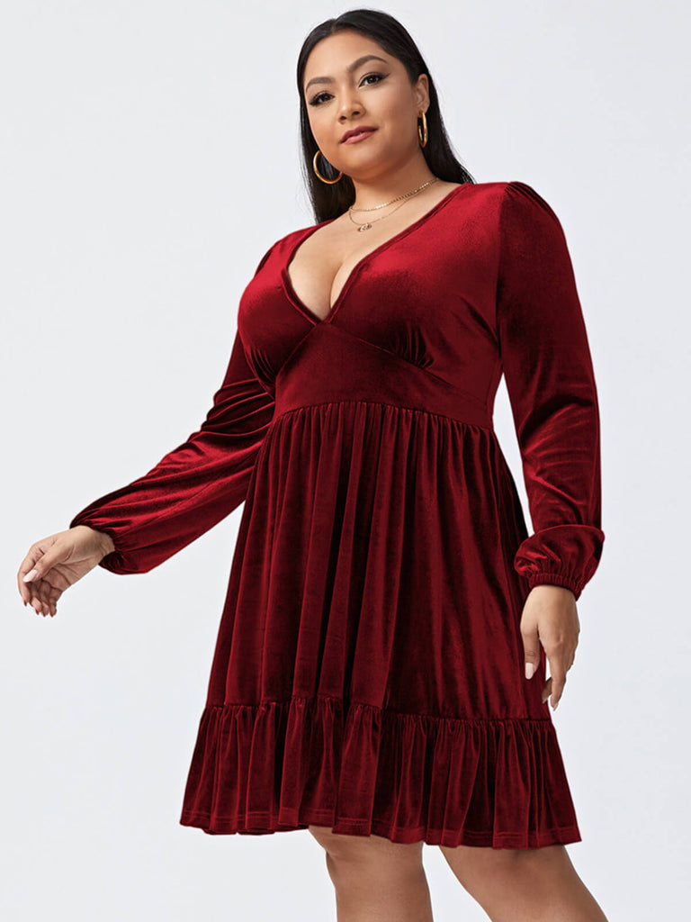 [Übergröße] 1950er V-Ausschnitt Samt Eingezogener Taille Kleid