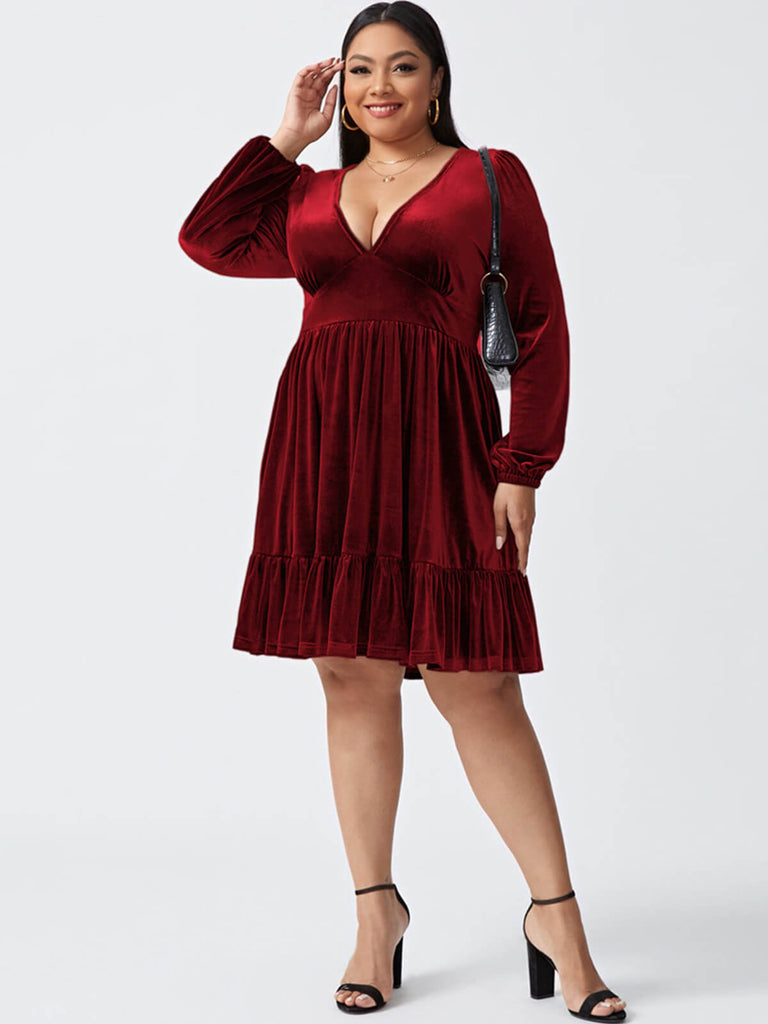 [Übergröße] 1950er V-Ausschnitt Samt Eingezogener Taille Kleid