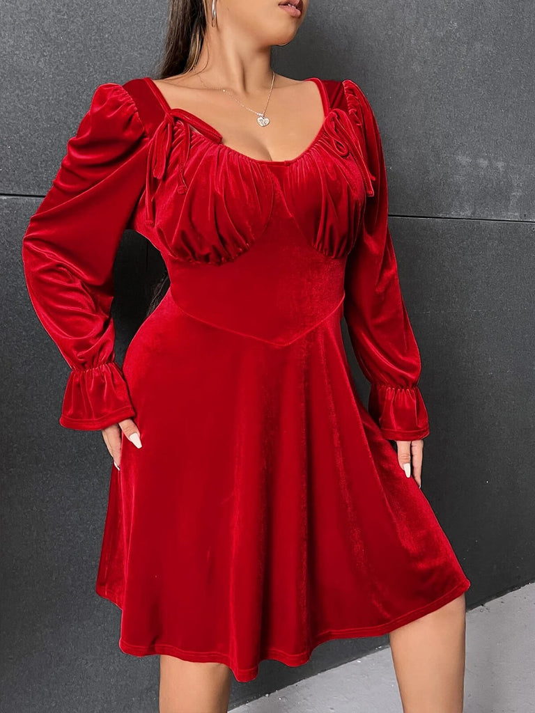 [Übergröße] Rot 1950er Samt Taille Swing Kleid