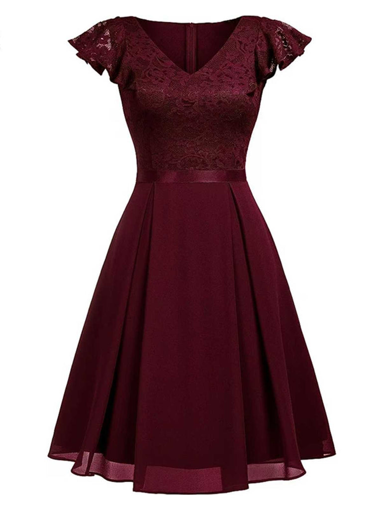 1950er V-Ausschnitt Floralen Spitzenärmeln Festes Kleid