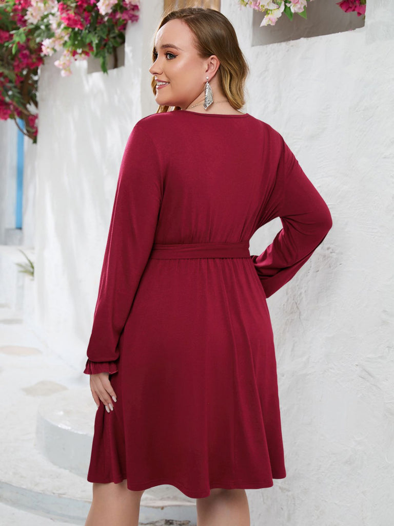 [Übergröße] 1950er Solides V-Ausschnitt Taillenkrawatte Kleid