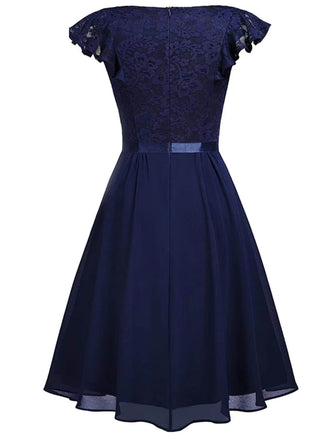 1950er Solides V-Ausschnitt Rüschenärmeln Spitzenkleid