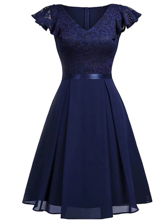 1950er Solides V-Ausschnitt Rüschenärmeln Spitzenkleid