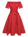 Rot 1950er Schulterfreie Polka Dots Gürtel Kleid