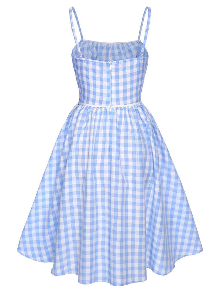 [Vorverkauf] Blau 1950er Spaghettiträger Plaids Schleife Dekor Kleid