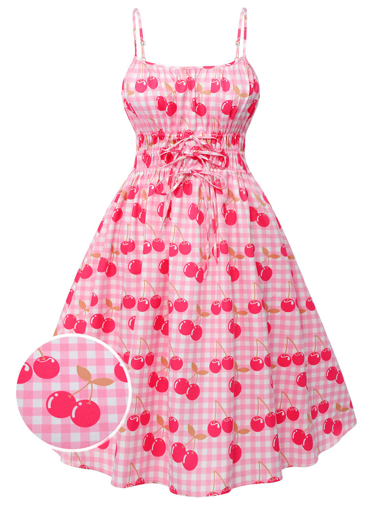 Rosa 1950er Kirsche Spaghettiträger Kleid